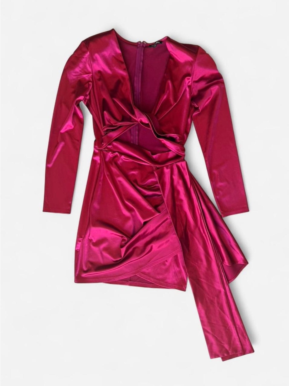 Fashion Nova Fuchsia Satin Long-Sleeve Wrap Mini Dress